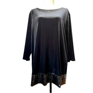 Chico's Black Velvet Top 3 / XL /16-18 Women's Sequin Hem Tunic Velour Holiday